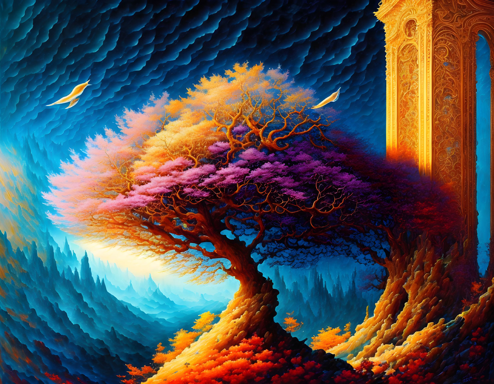 Surreal landscape with colorful tree, flying birds, blue terrain, golden archway