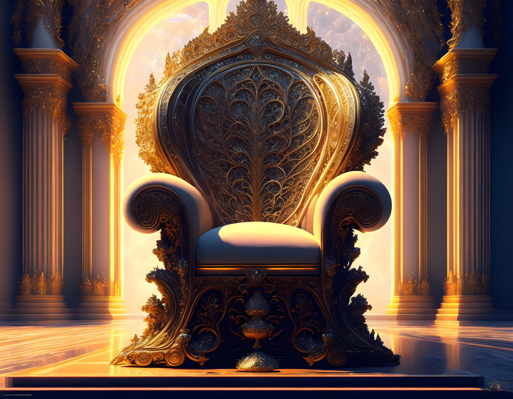 Golden ornate throne in palatial room with tall pillars