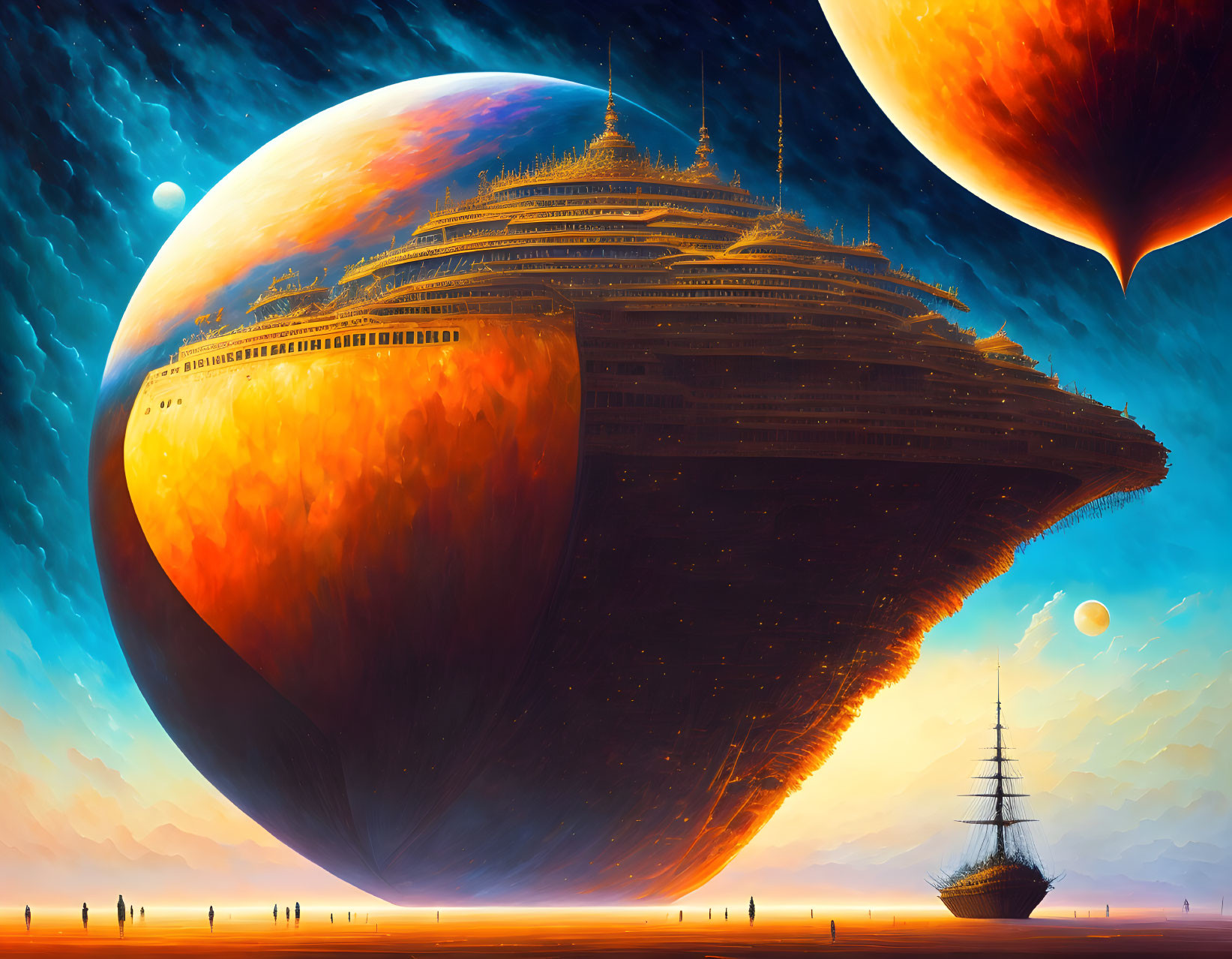 Gigantic spaceship city floating above desert with celestial bodies