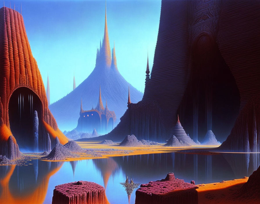 Futuristic alien landscape with towering spires and orange-blue color palette