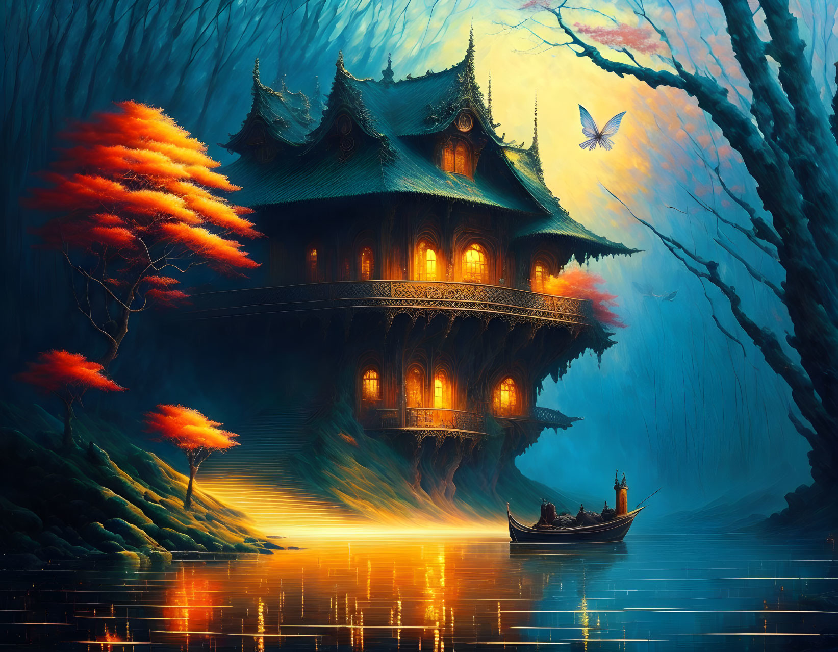 Traditional Asian-style house on cliff with autumn trees, boat on river.