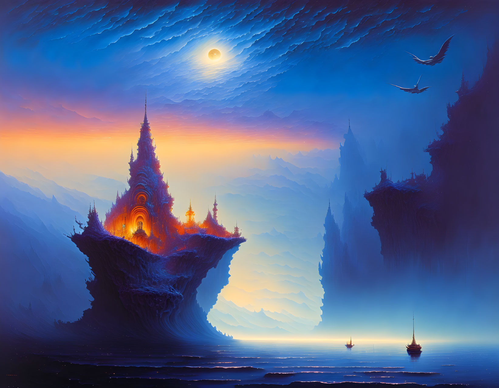 Ethereal fantasy landscape with glowing castle on floating island