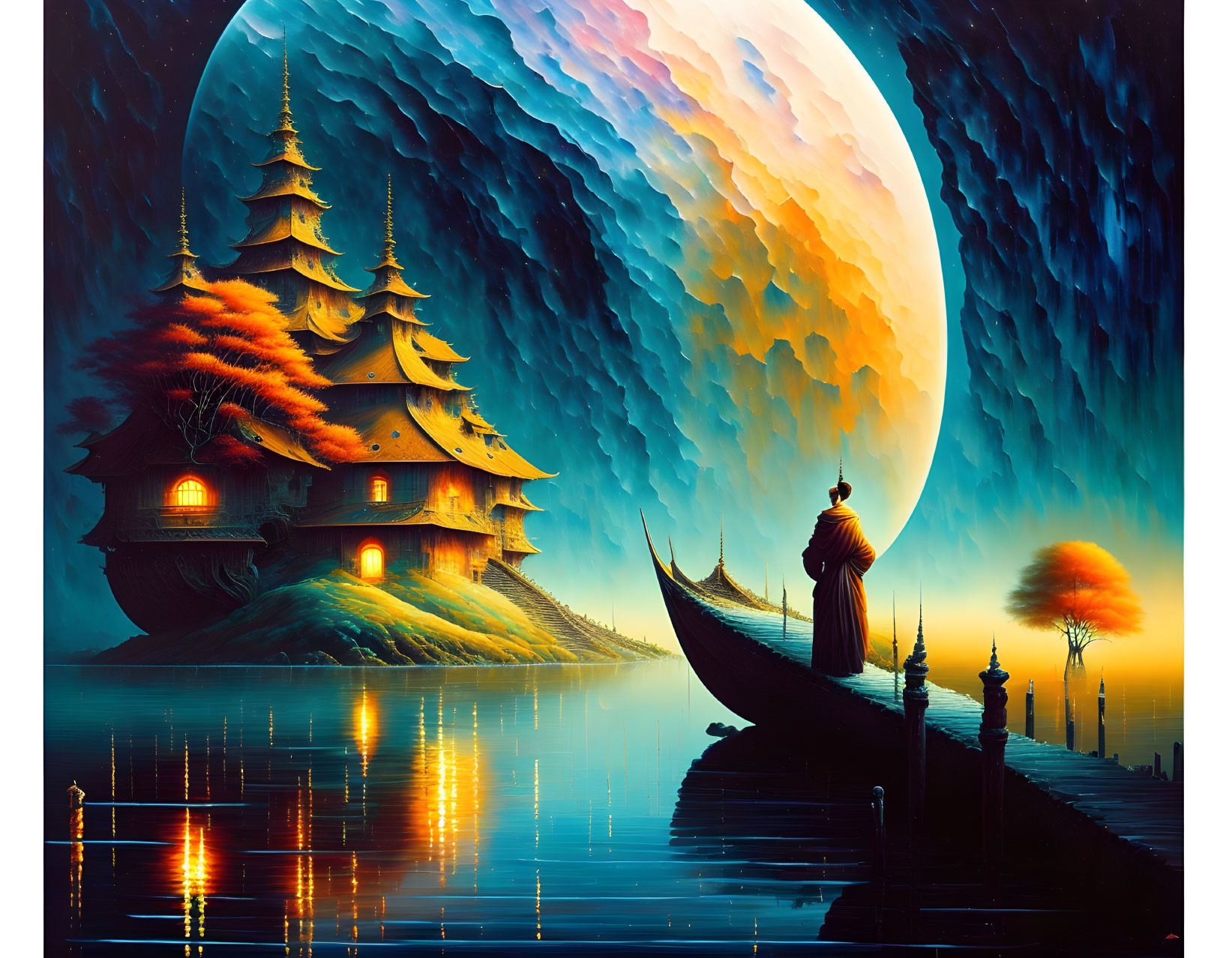 Artwork of traditional house, boat, figure, moon, and colorful skies