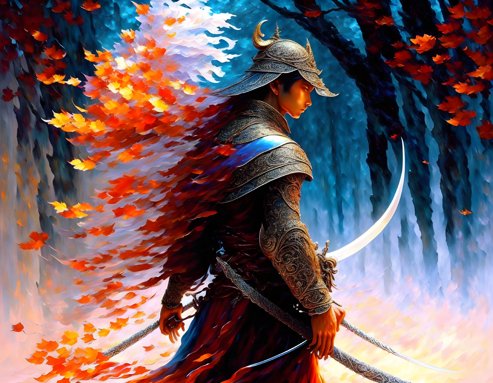 Armored warrior with curved sword in autumn leaves and blue backdrop