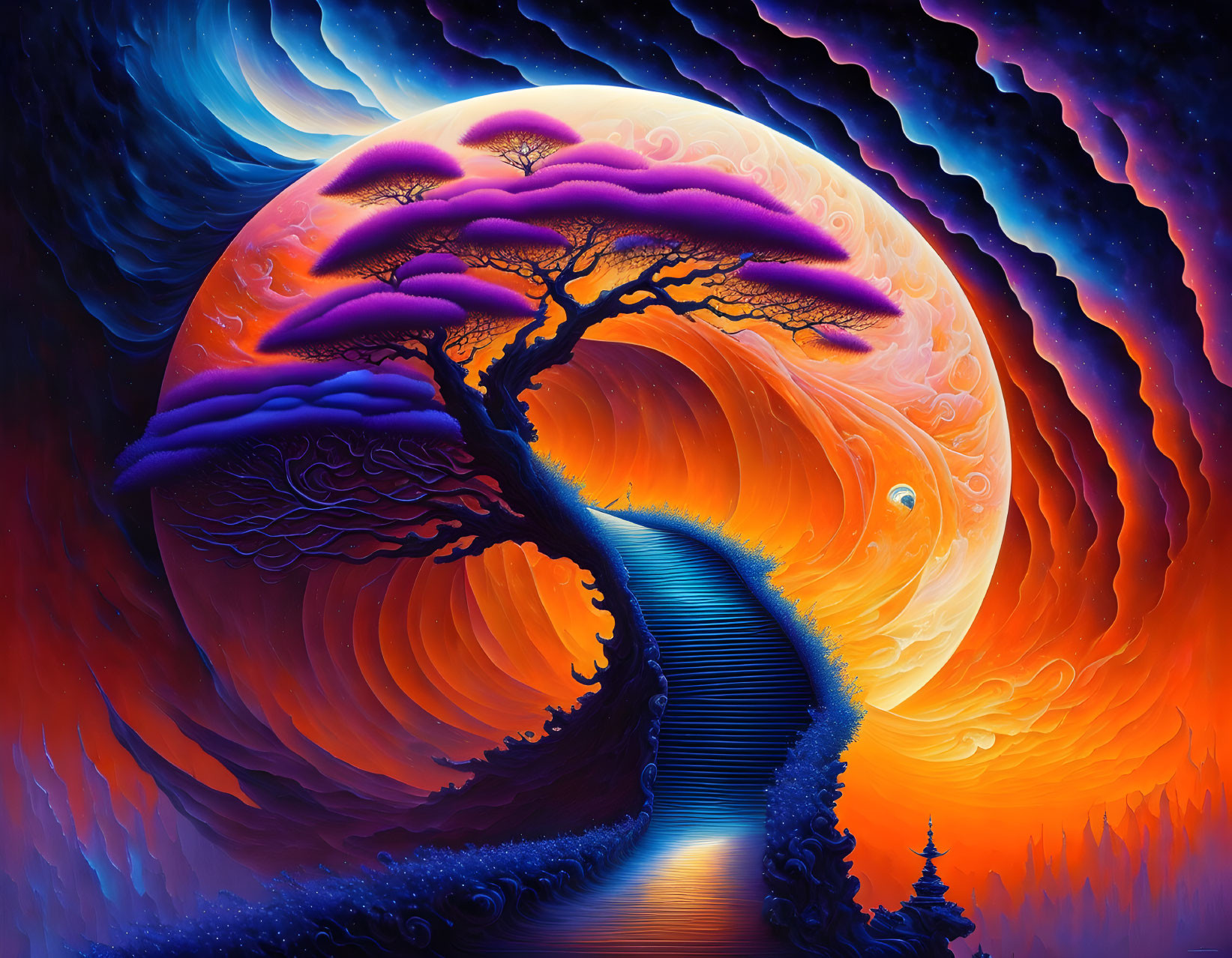 Vibrant surreal landscape with orange planet, purple tree, and swirling skies