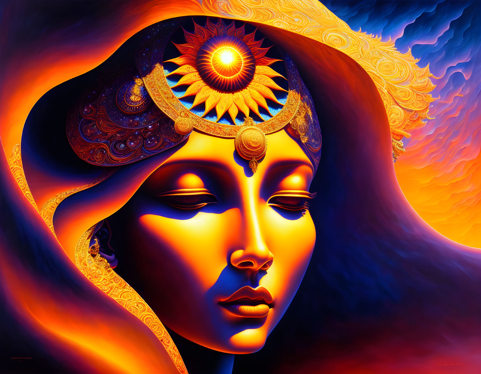 Digital artwork of serene female face with ornate headgear and radiant third eye against fiery background