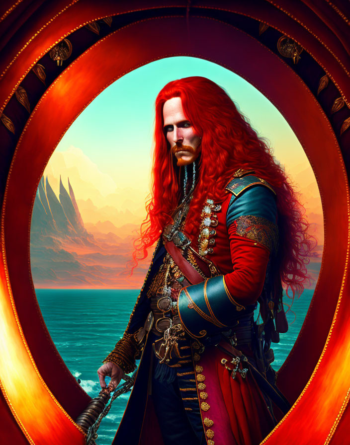 Regal figure with red hair and beard in captain's uniform by porthole