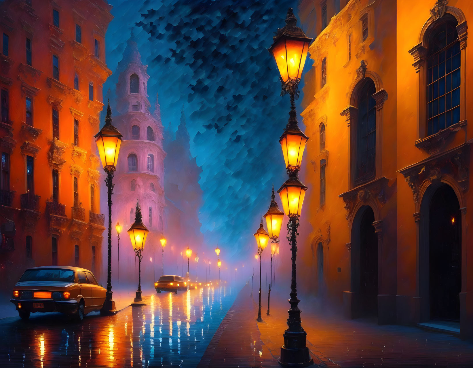 Rainy Evening Scene: Street Lamps, Wet Pavement, Parked Cars, Building, Blue