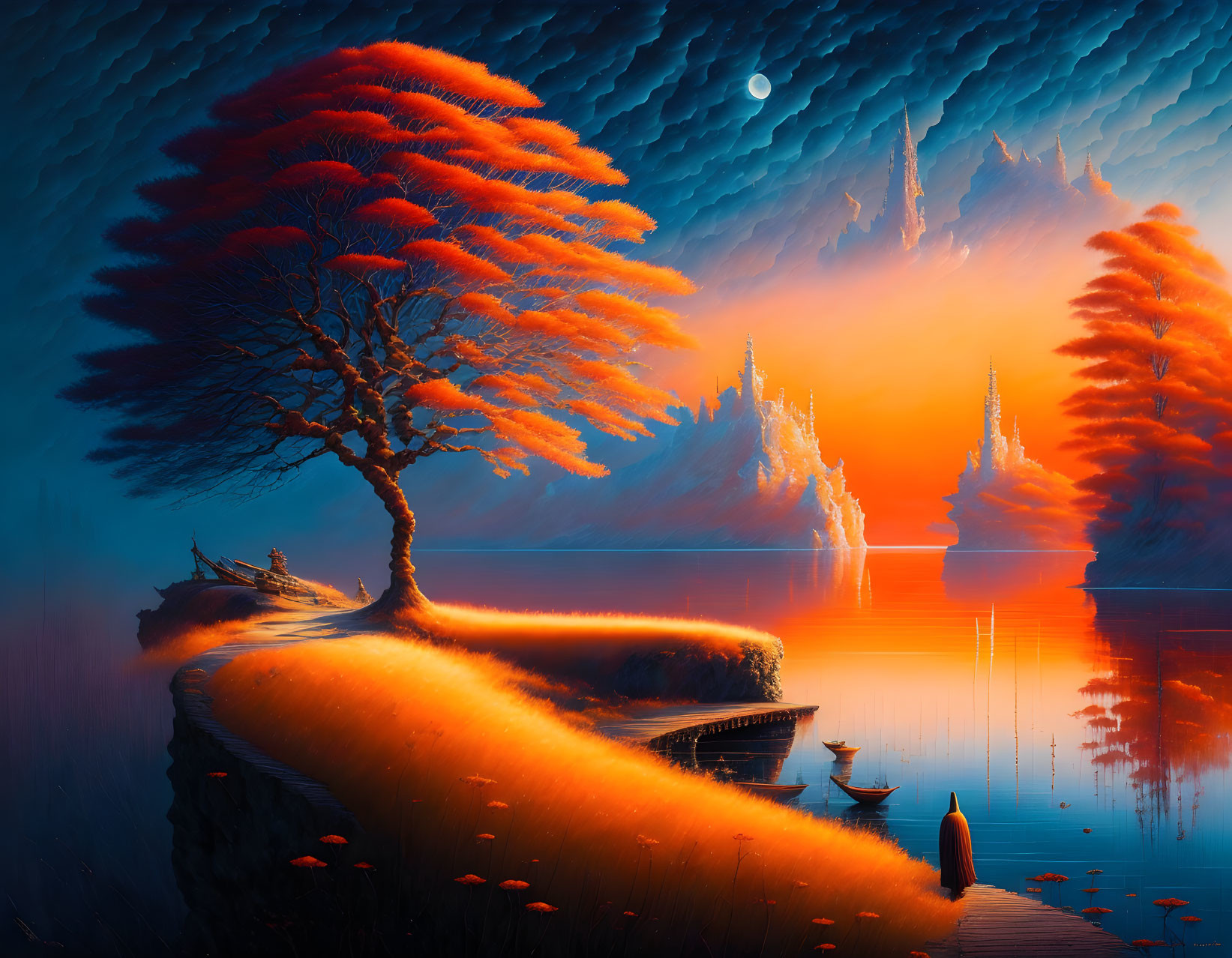 Digital artwork of fiery red tree in surreal landscape