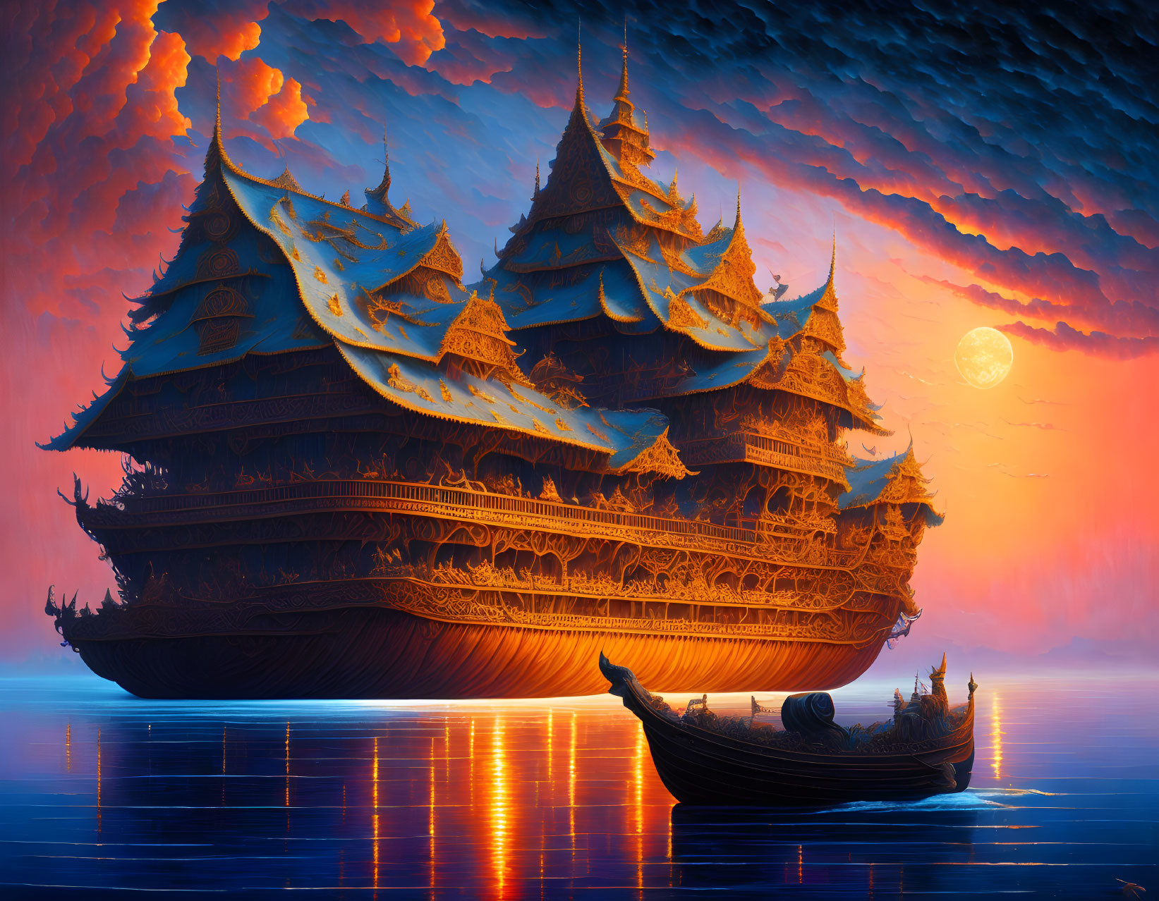 Ornate multi-tiered ship on calm sea at sunset