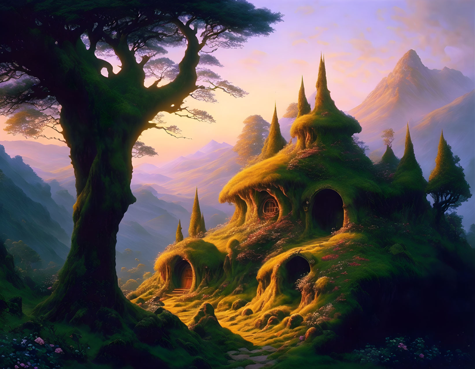 Whimsical hobbit-style houses in enchanted forest landscape