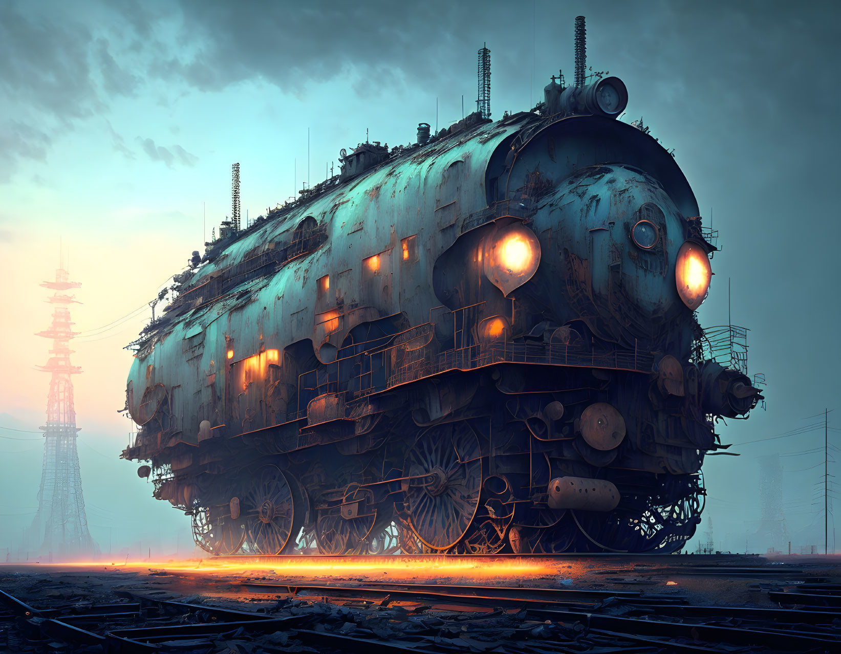 Futuristic locomotive with glowing lights on industrial tracks