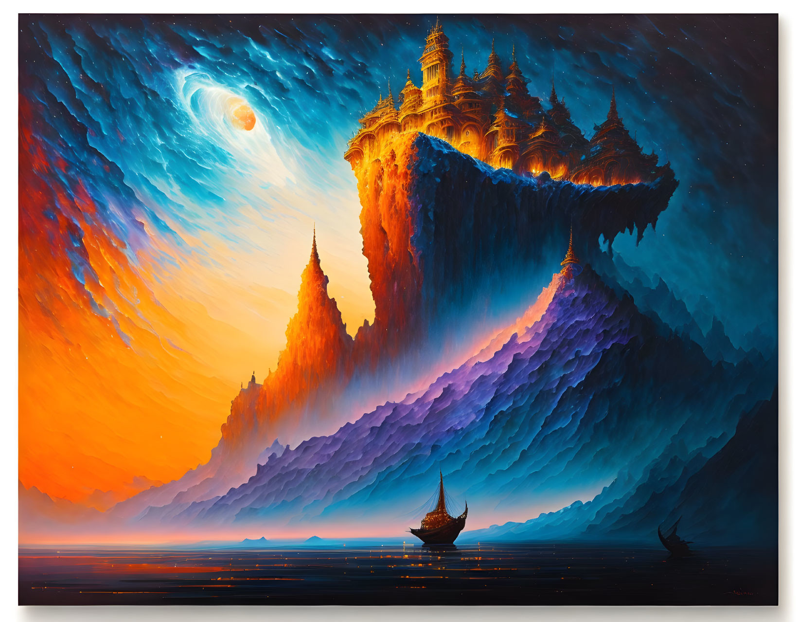 Fantasy painting of cliff castle at dusk with crescent moon & sailing ships