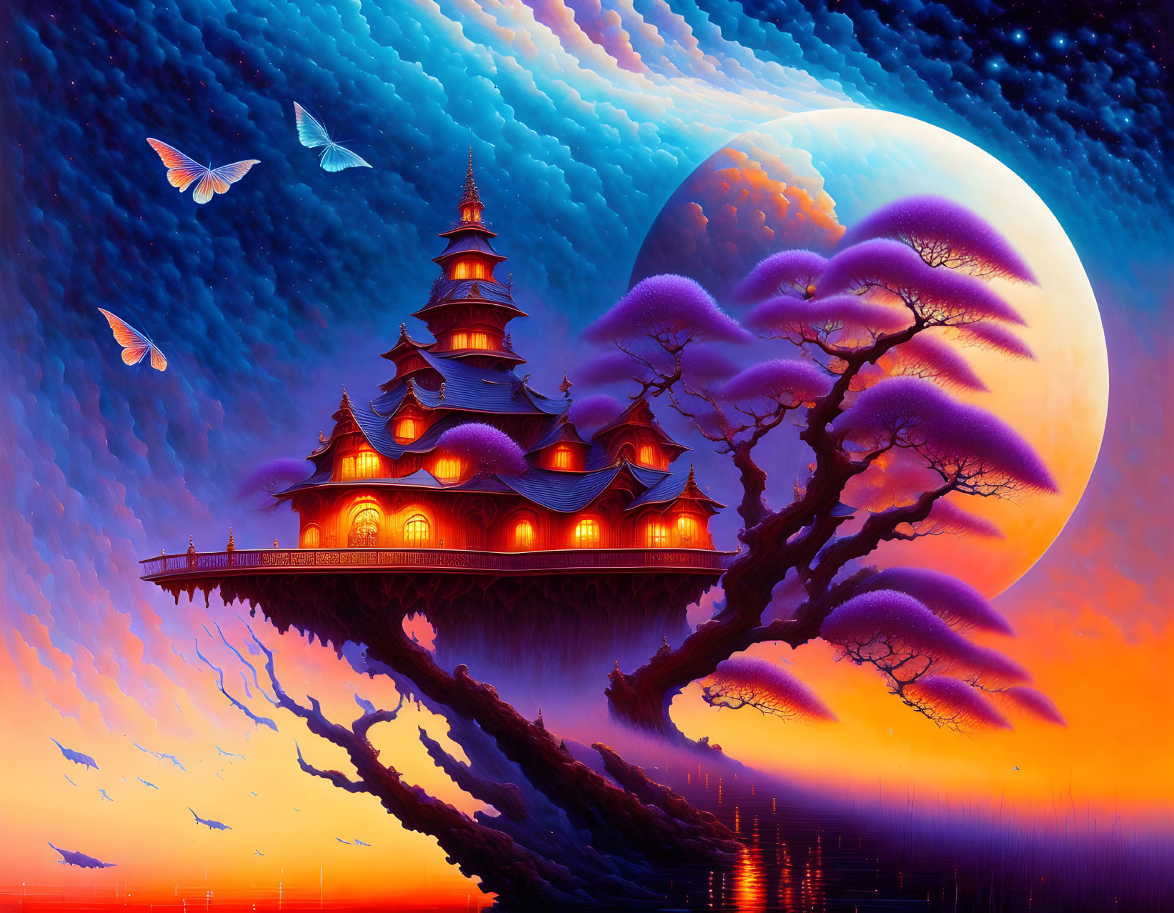 Fantasy landscape with pagoda-style structure on tree, purple leaves, moon, sunset sky, butterflies