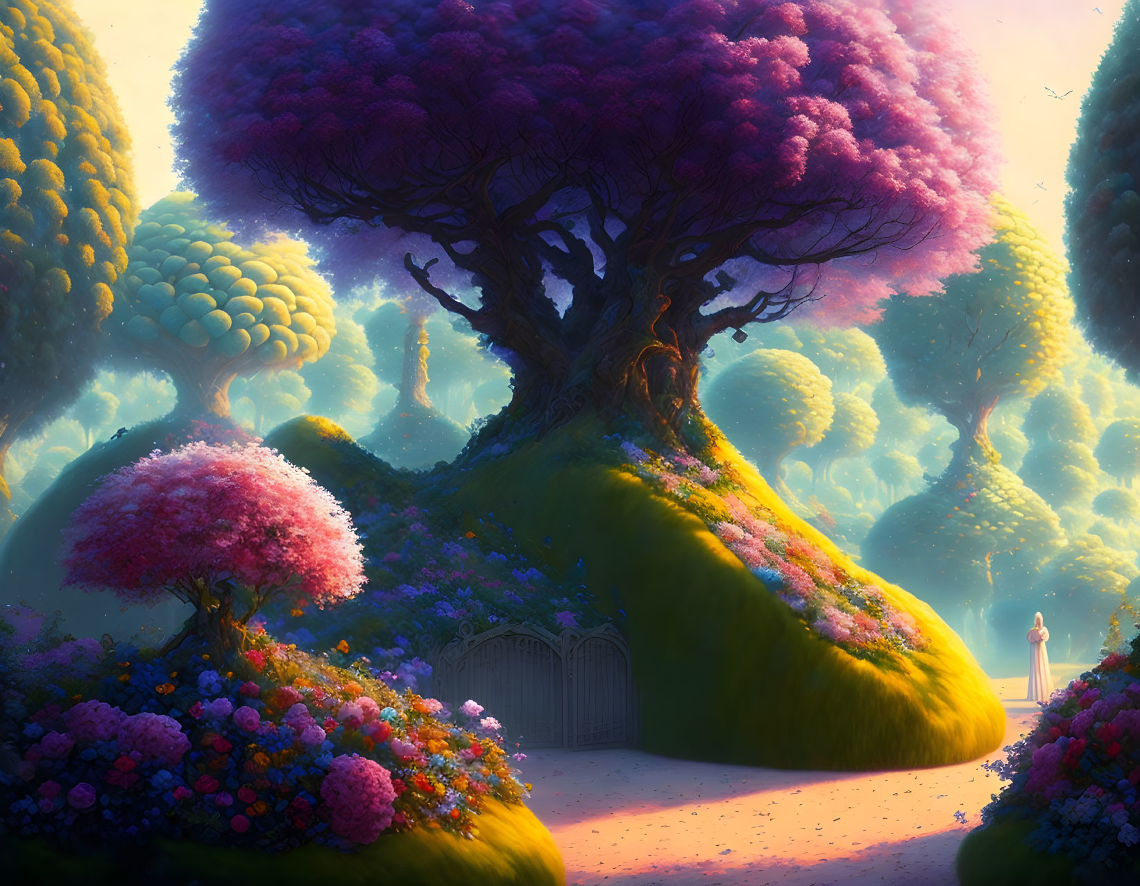 Vibrant colorful trees and lush flora in fantastical landscape