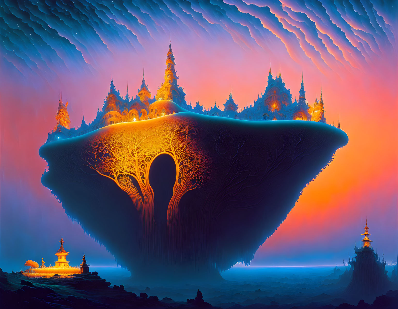 Colorful fantasy landscape with floating island, ornate temples, glowing tree roots, and striated clouds