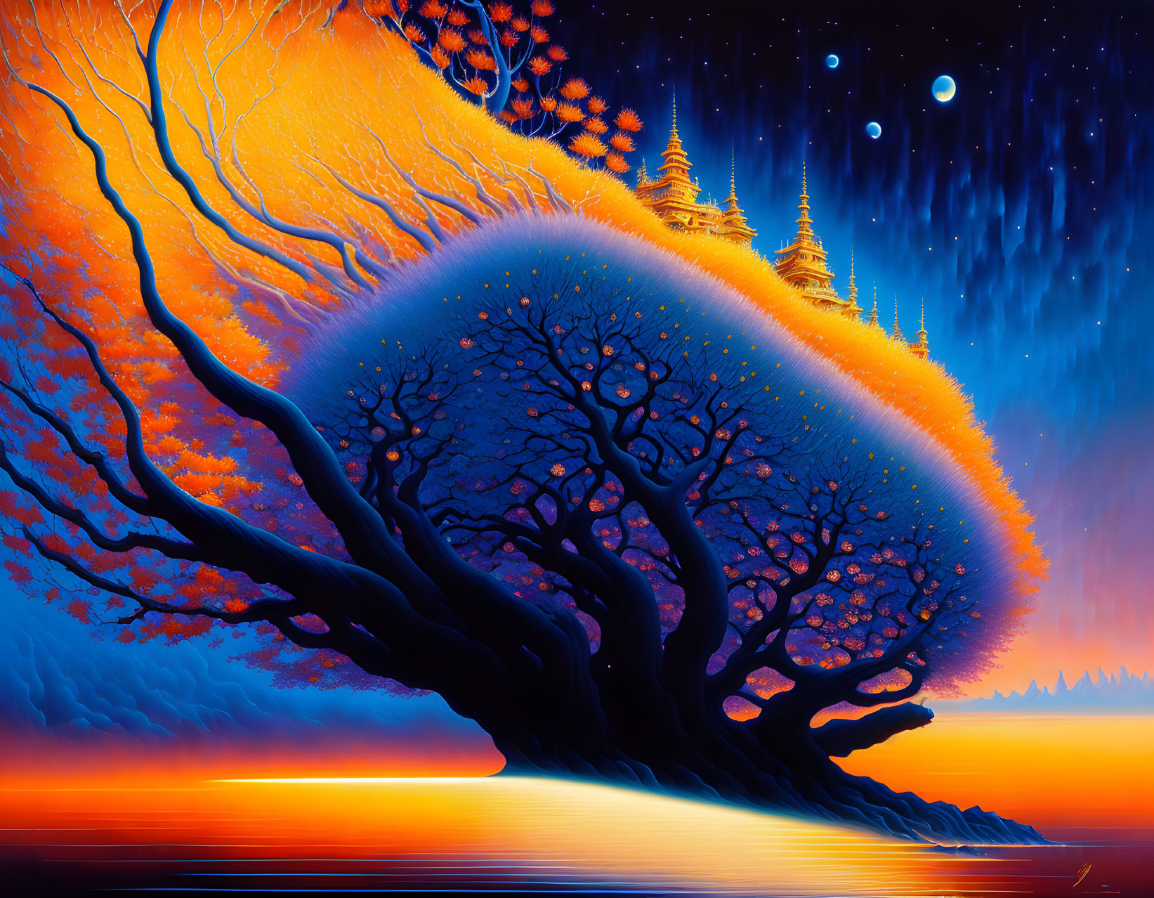 Colorful Artwork: Tree, Temples, Night Sky & Water