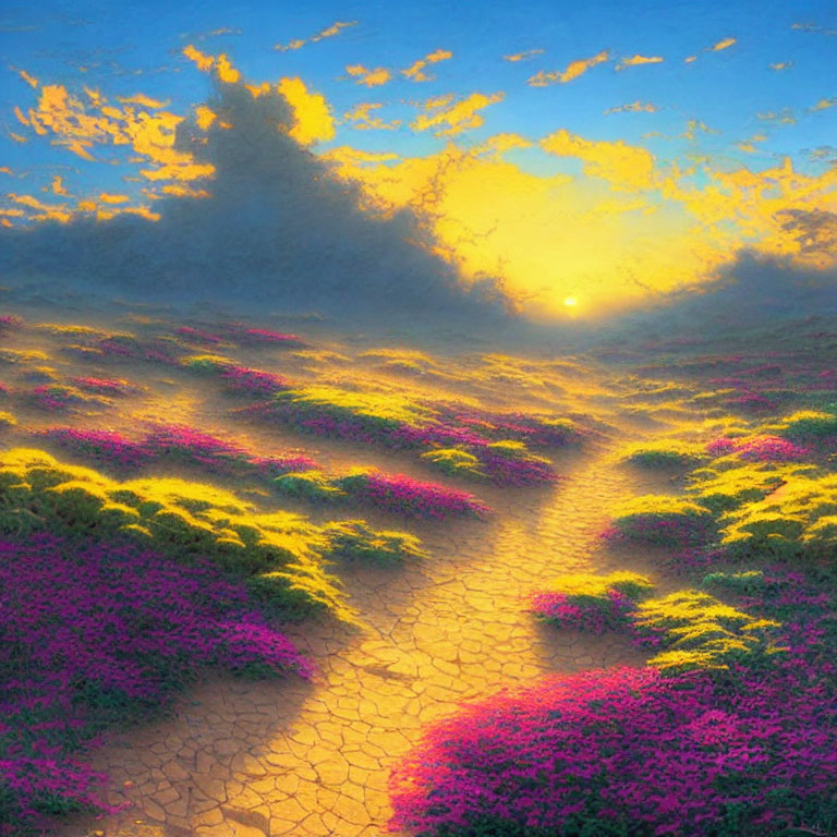 Vibrant sunset over cracked path in pink flower field