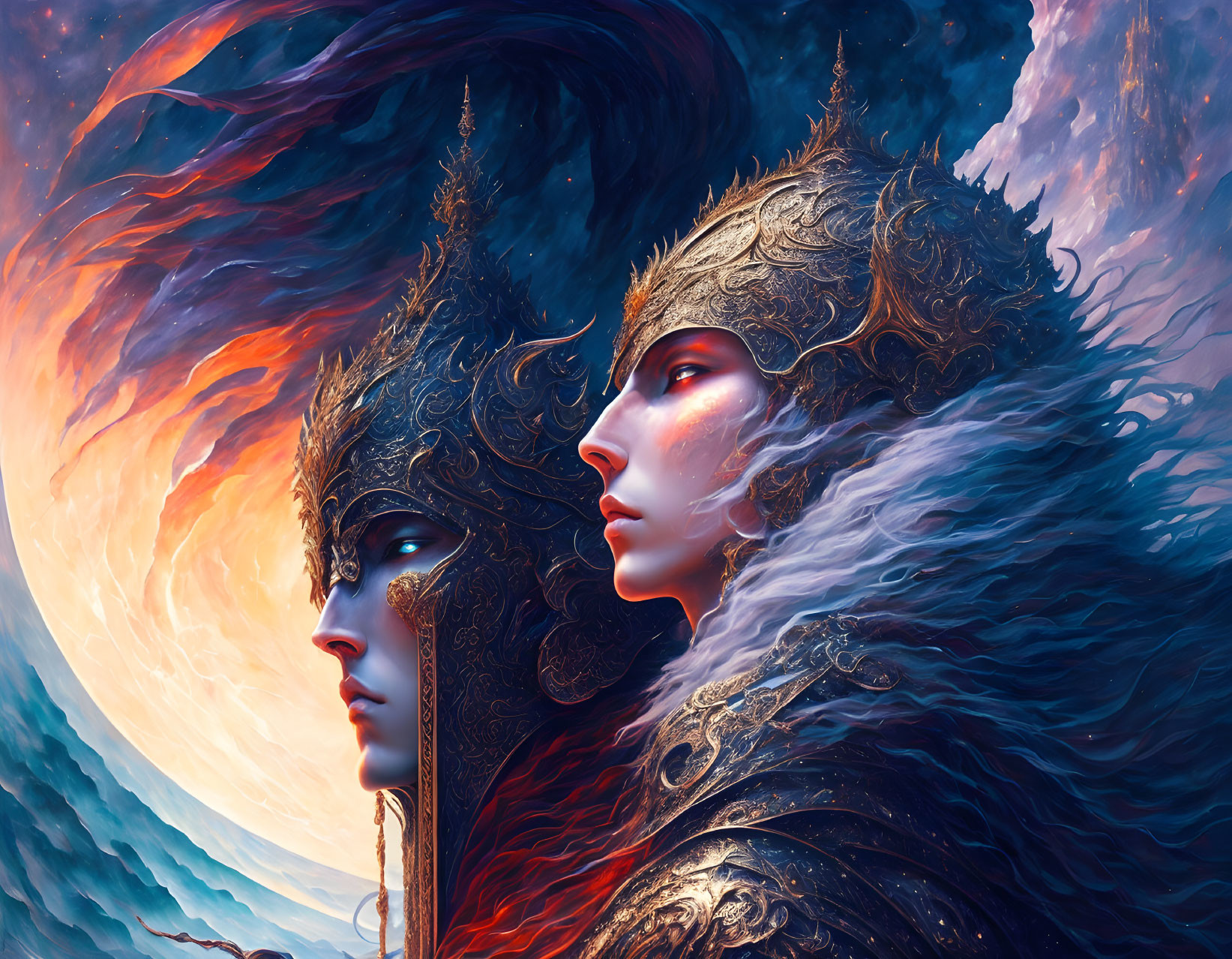 Fantastical celestial and oceanic figures in swirling sky backdrop