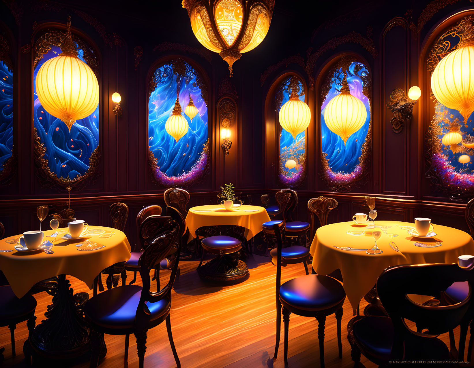 Elegant dining room with spherical lanterns, blue wall art, teacups, and black chairs