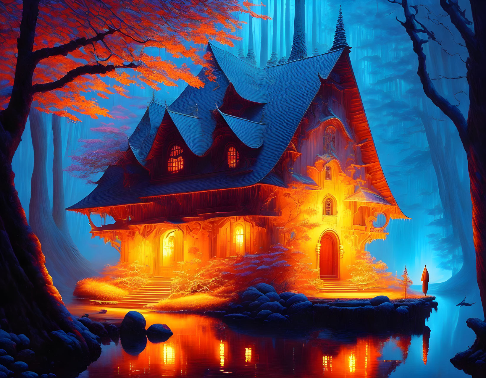 Mystical illuminated house with orange lights under blue trees and lone figure