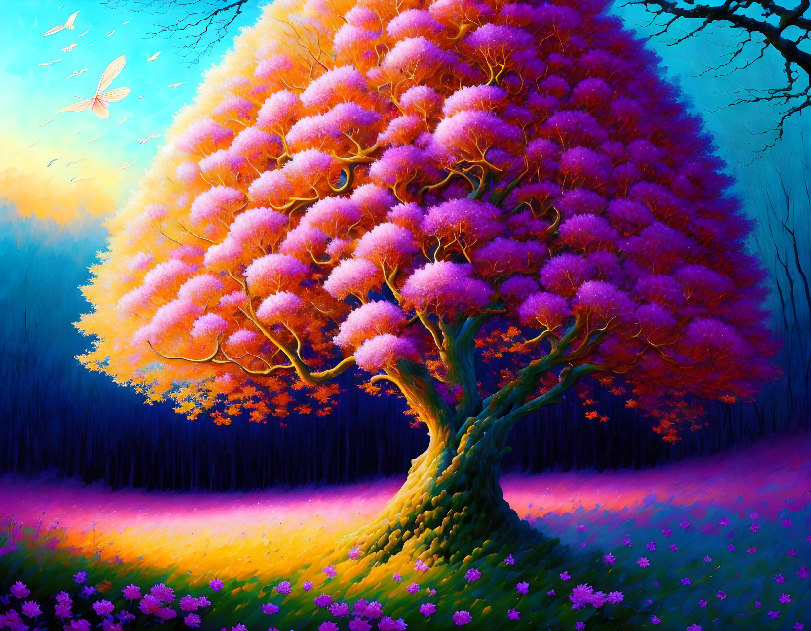 Fantasy illustration: Luminous pink tree with glowing foliage in mystical blue forest