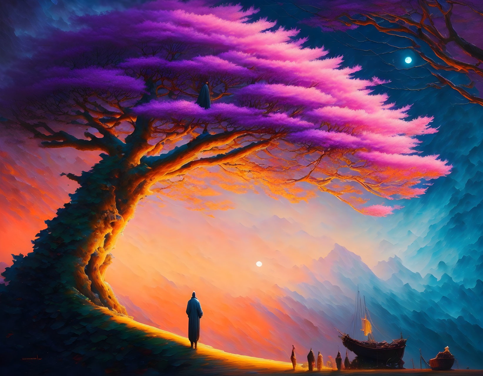 Colorful artwork: person under purple tree, sunset over misty mountains, small boat