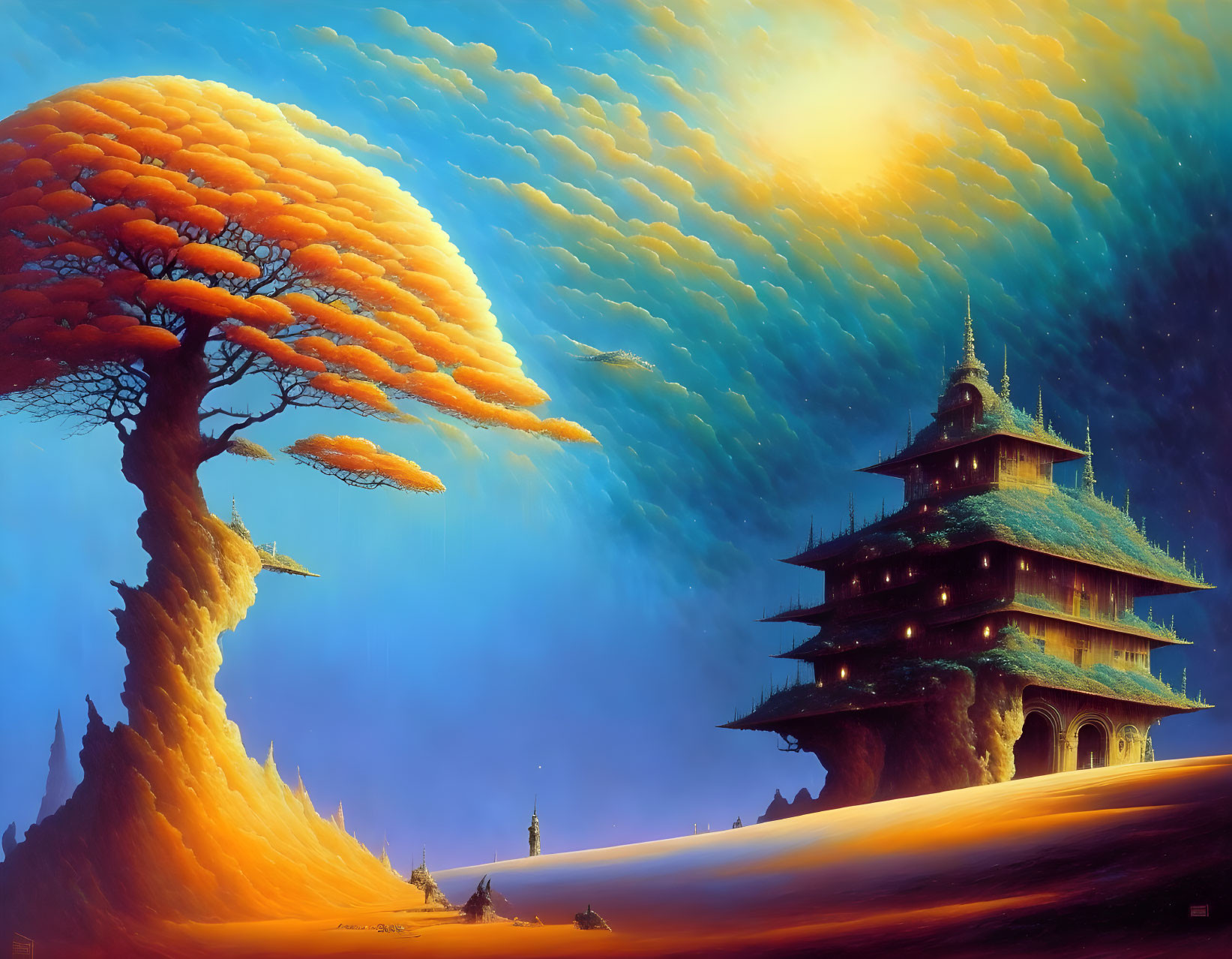 Vibrant orange tree in fantastical Asian landscape