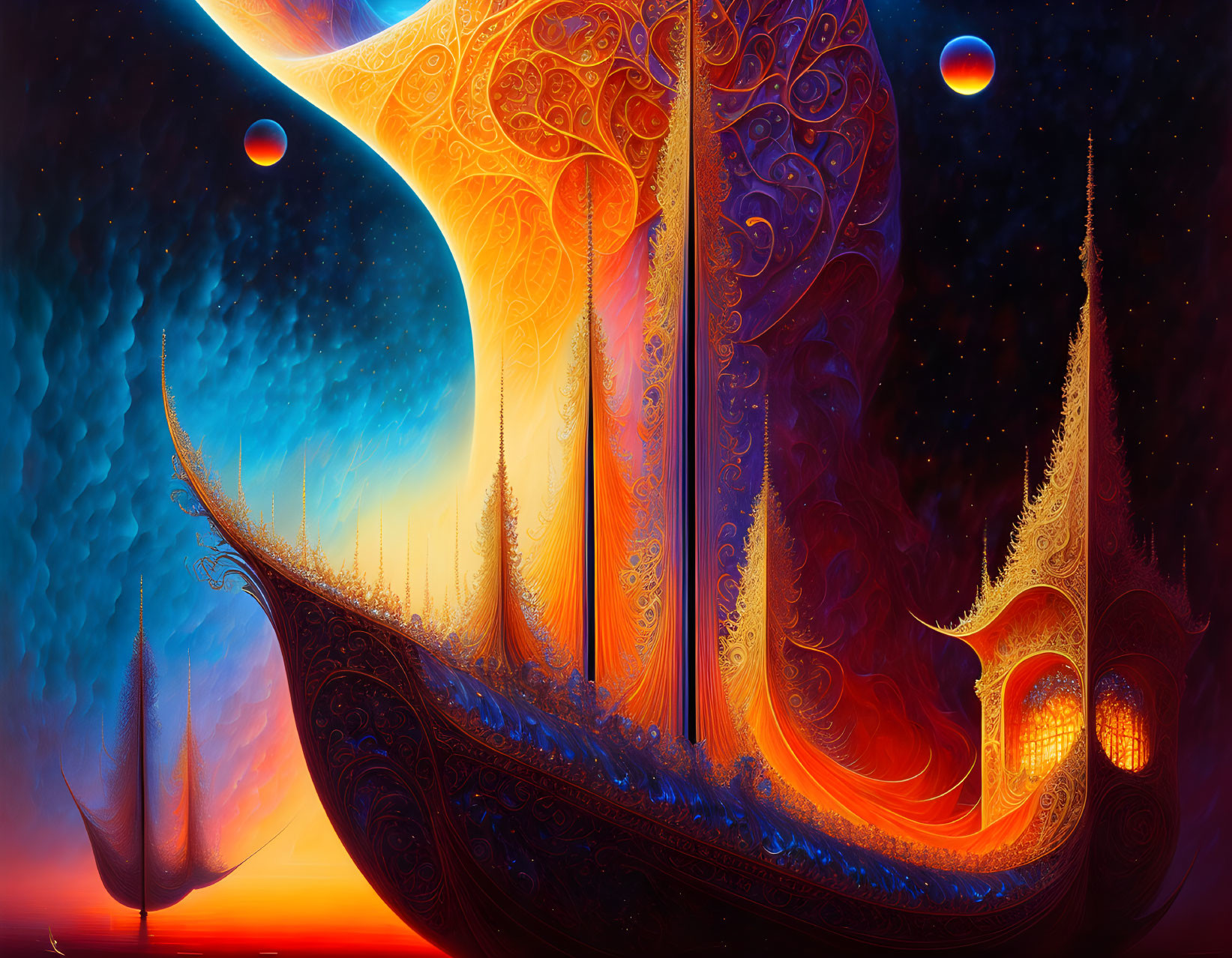 Ornate golden ship in cosmic landscape with blue and orange hues