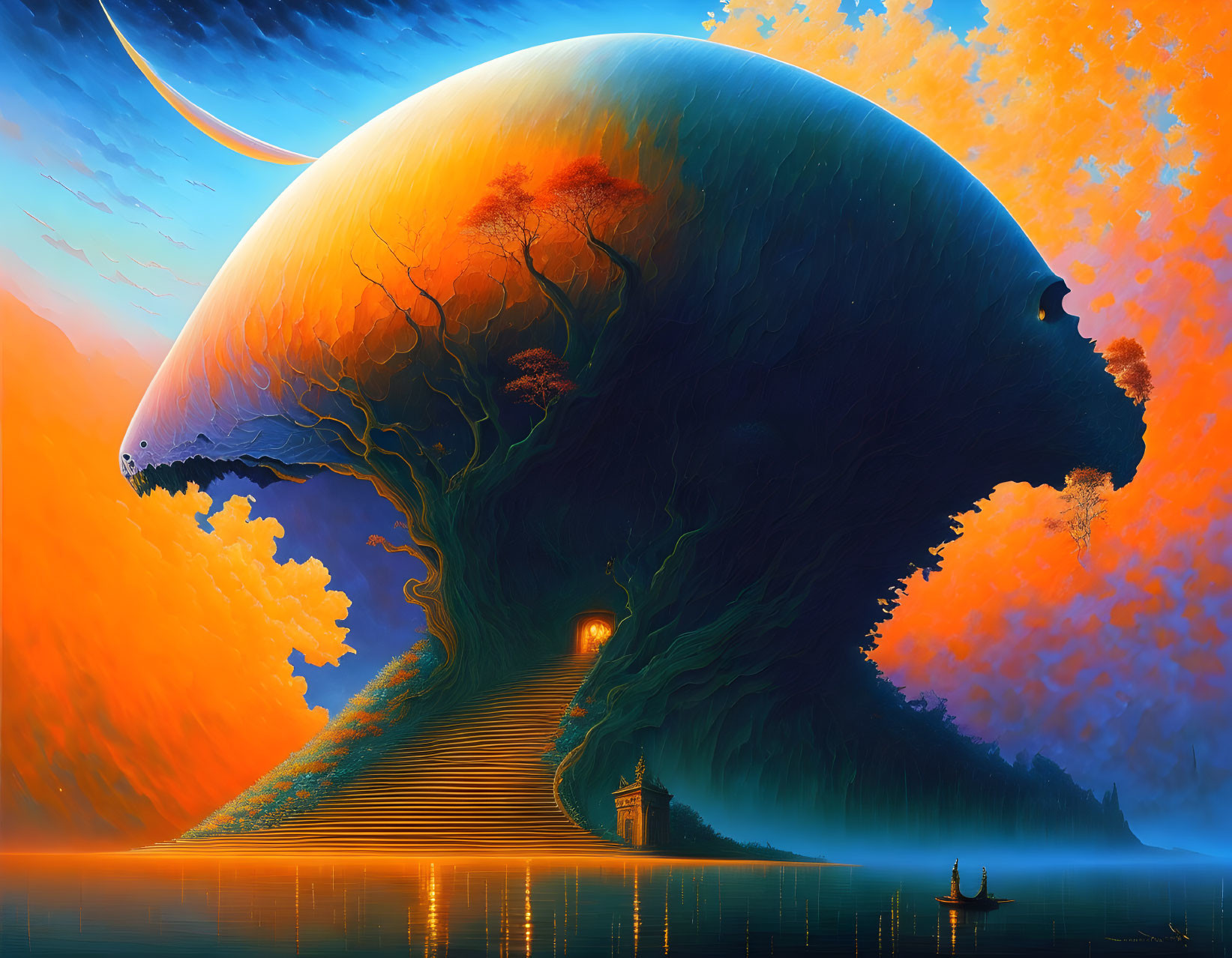 Surreal landscape with giant tree-planet, glowing door, boat, orange sky