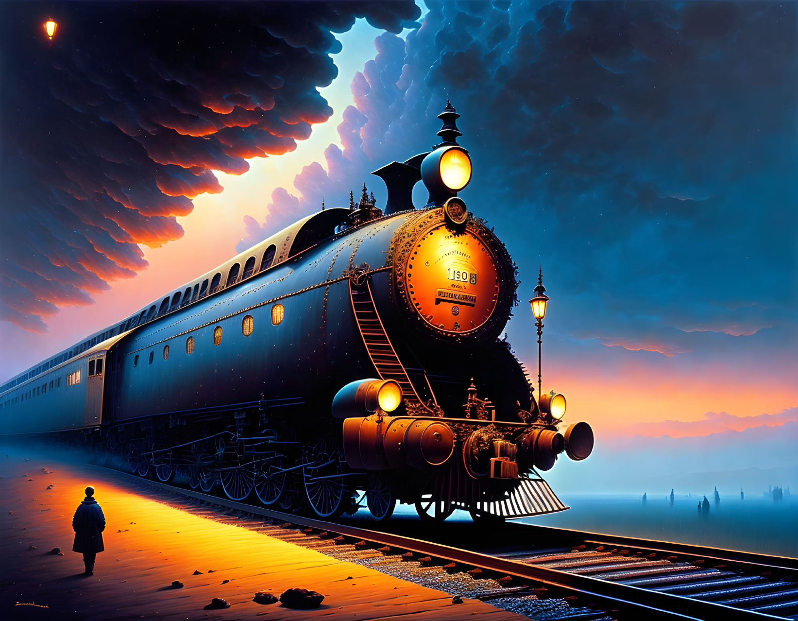 Vintage steam locomotive at twilight station with vibrant sky and lone observer