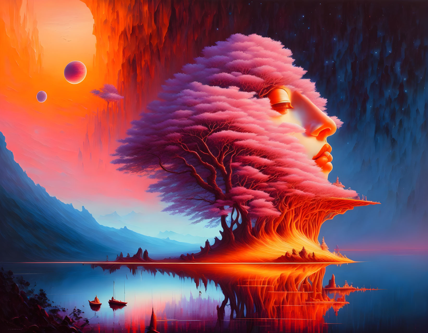 Surreal portrait: tree forms woman's profile in fantastical landscape