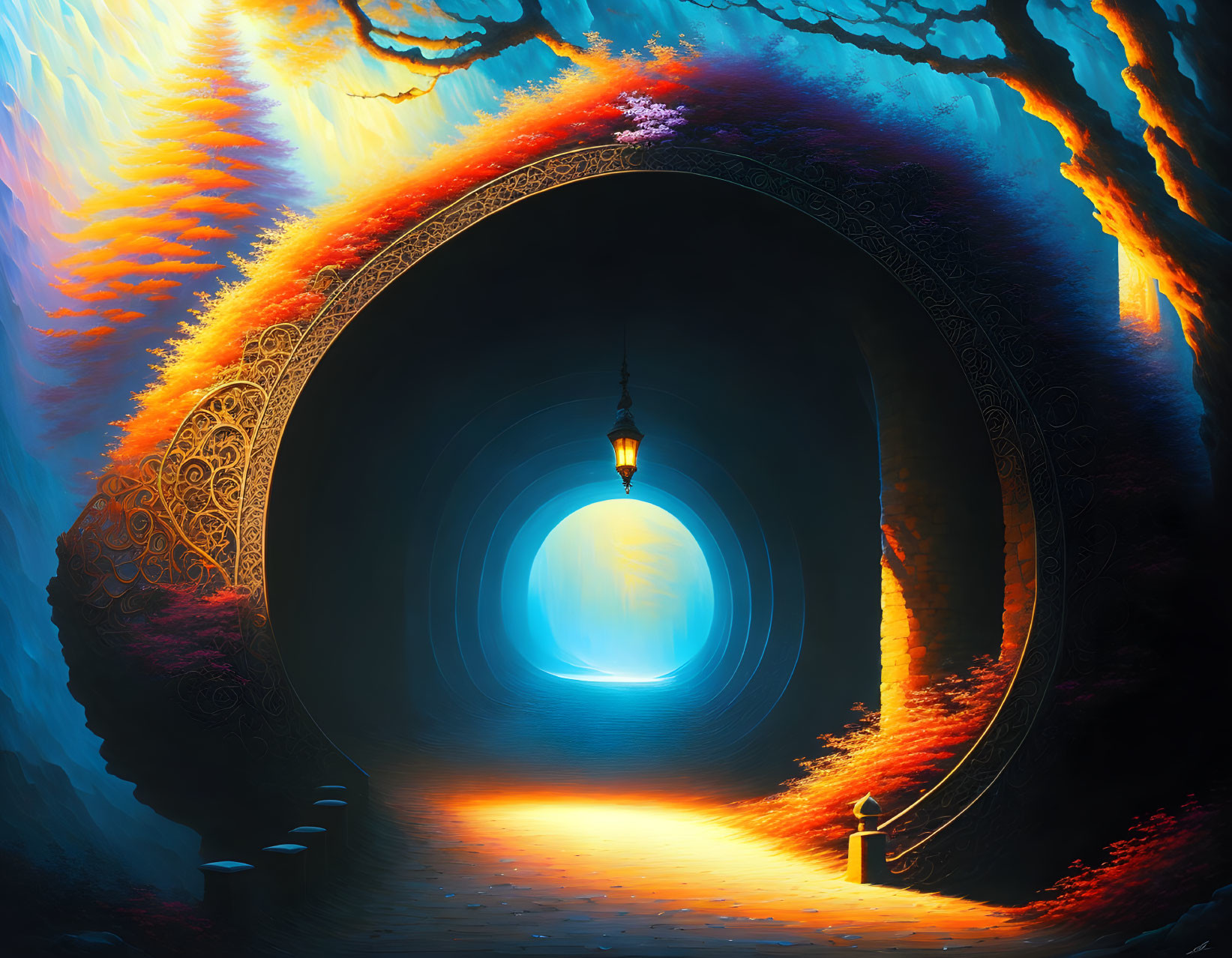 Ornate golden patterned tunnel with blue portal, red foliage, and lantern