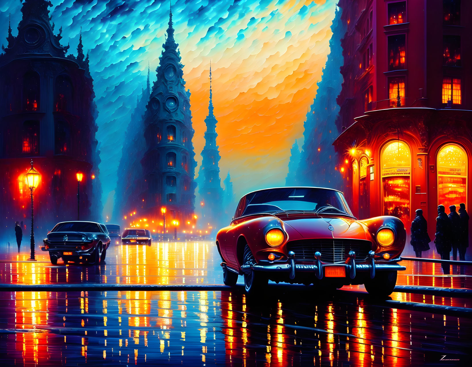 Classic Cars on Wet Street with Reflective Buildings and Vibrant Sky