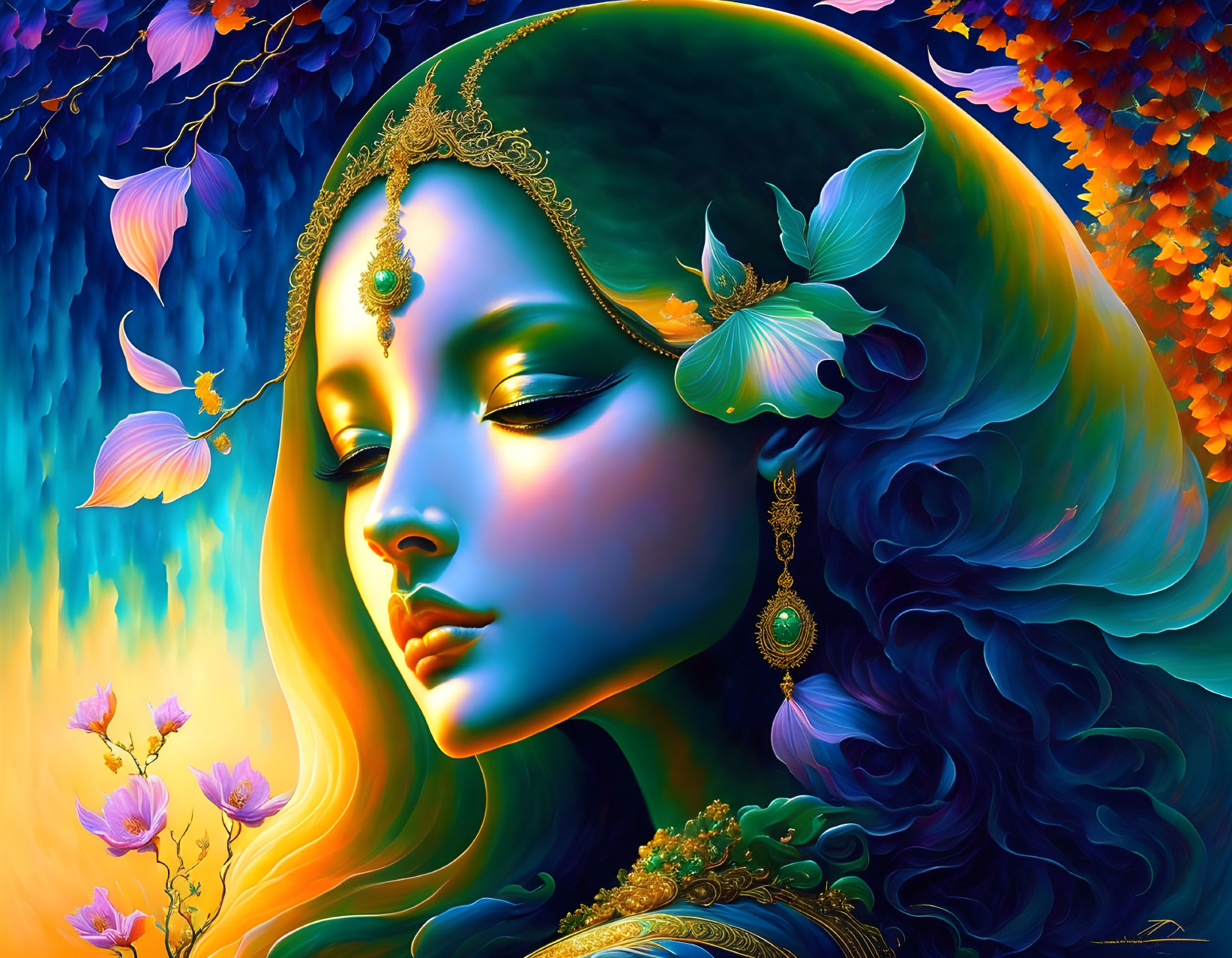 Colorful digital artwork: Woman with floral jewelry in vibrant setting