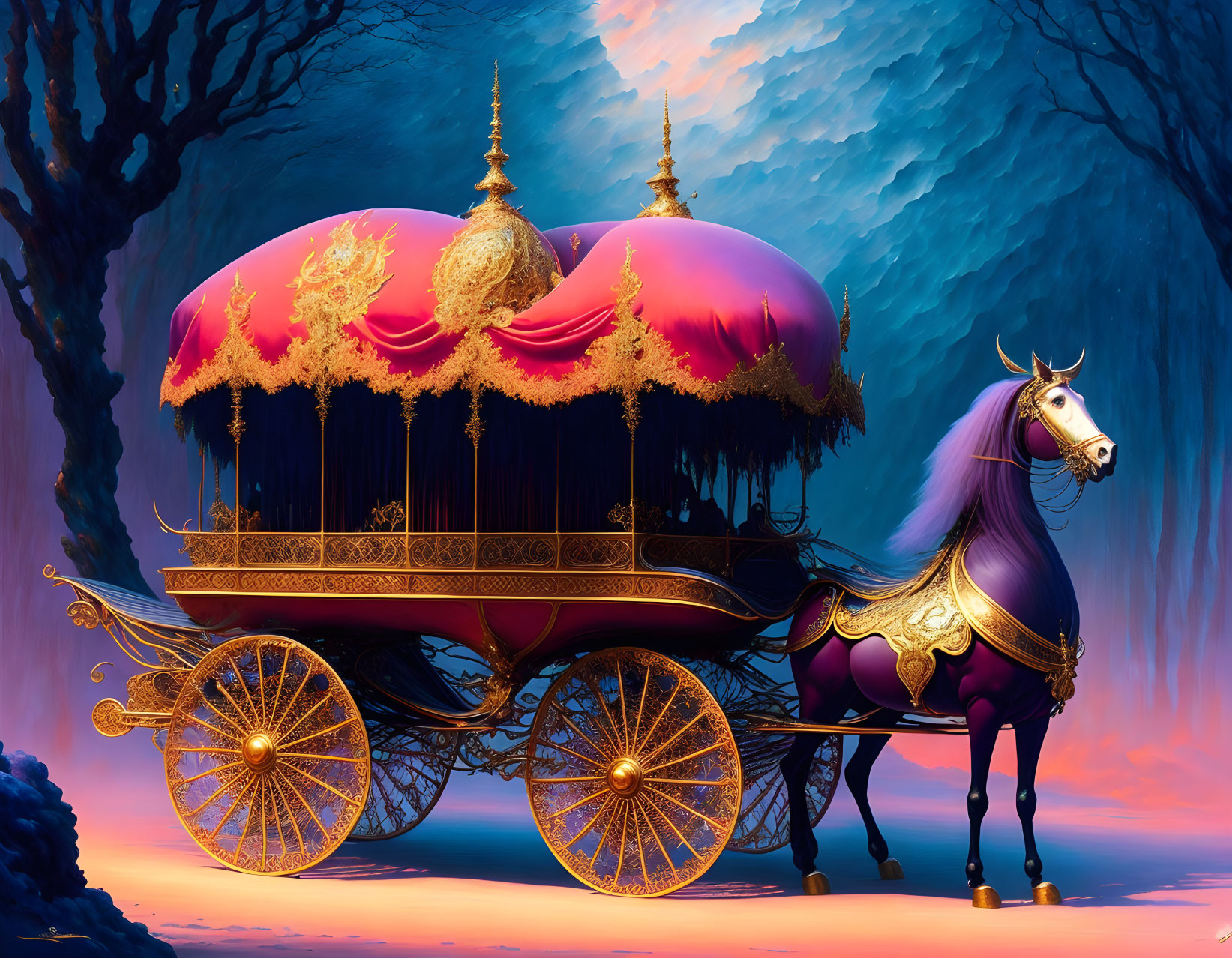 Ornate gold carriage with purple horse in twilight forest