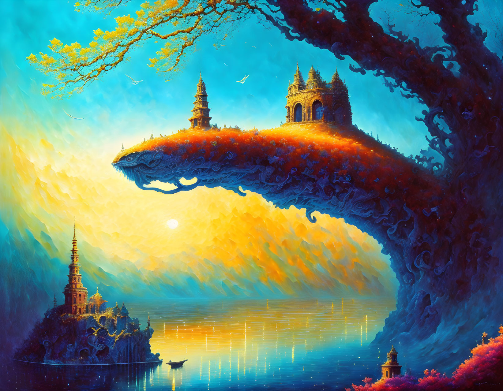 Fantastical landscape with floating islands, towers, tree, birds, boat, and vibrant sunset