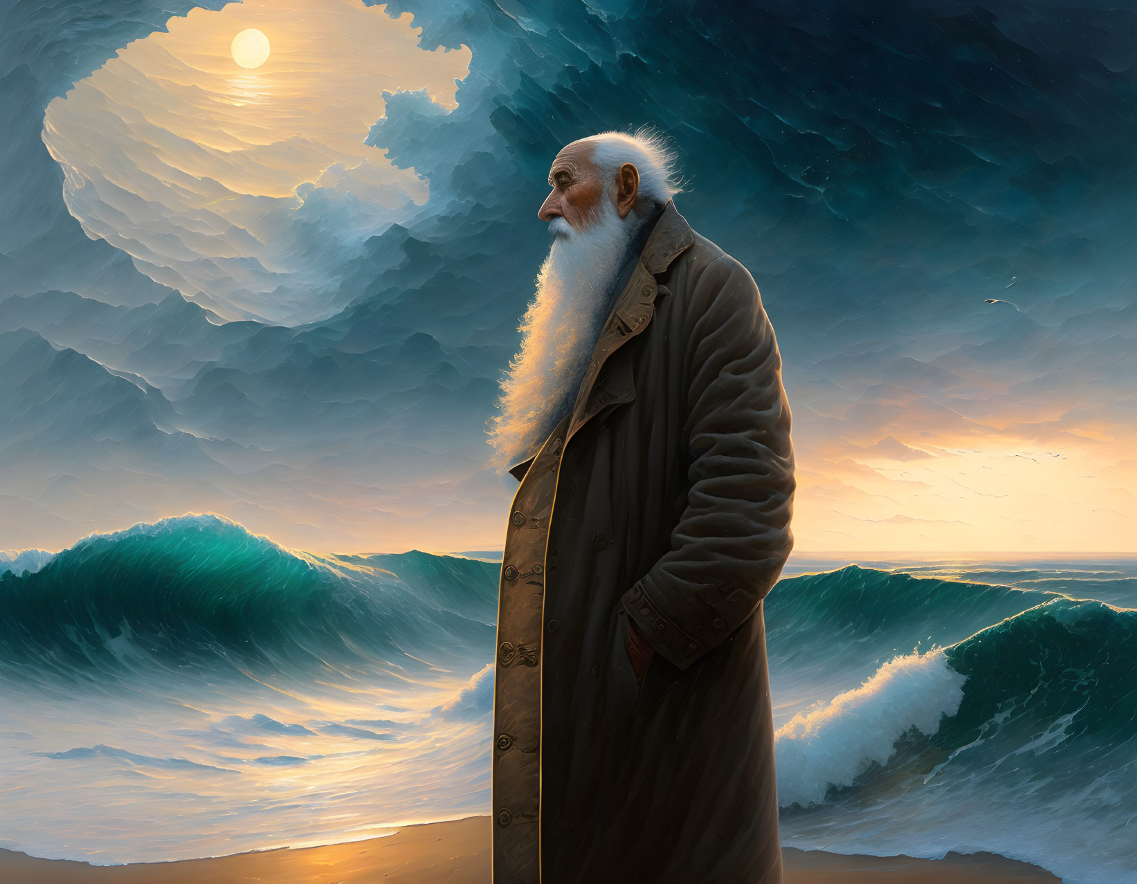 Elderly man with long white beard on beach at sunset