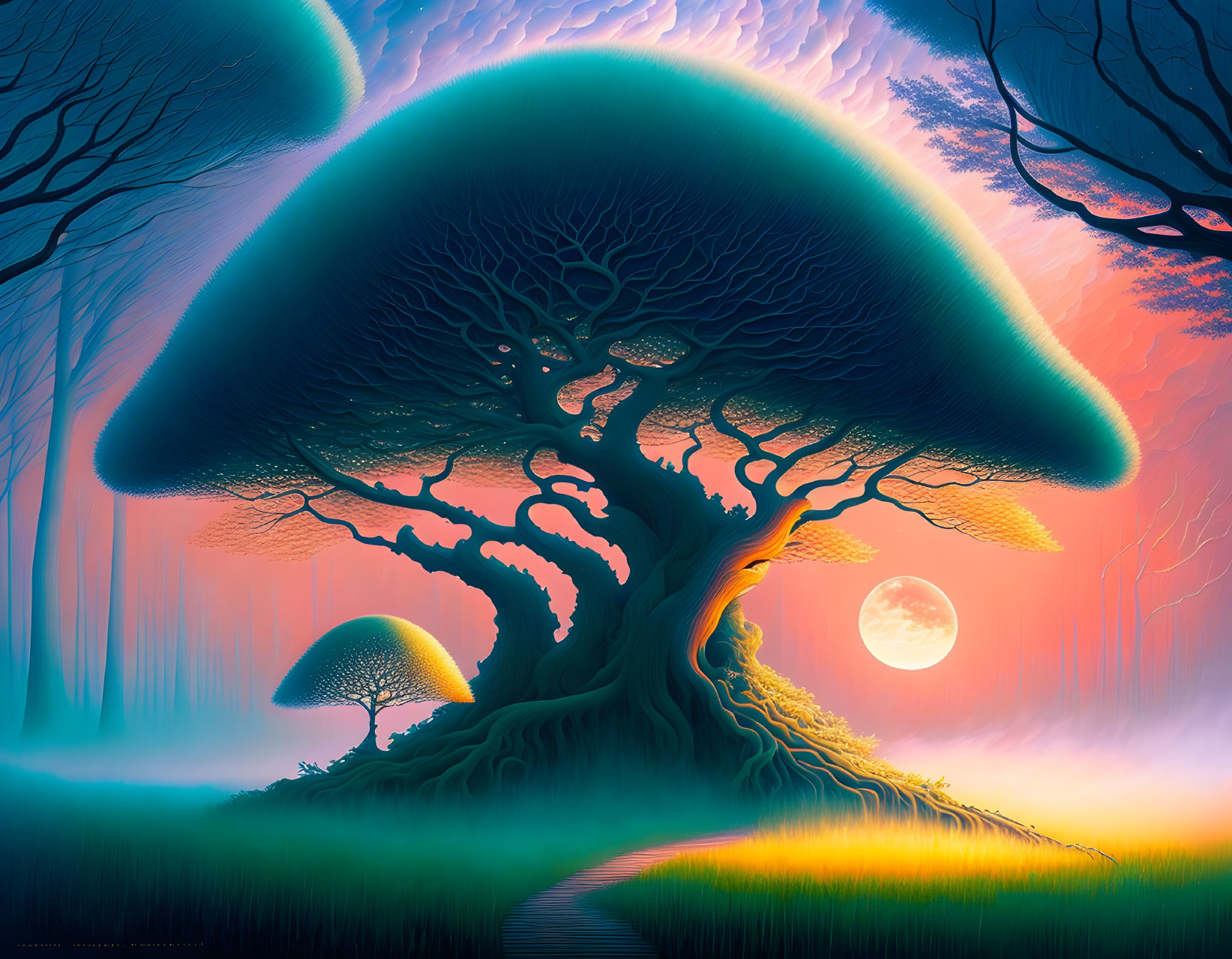 Surreal digital artwork: oversized mushroom trees under moonlit sky