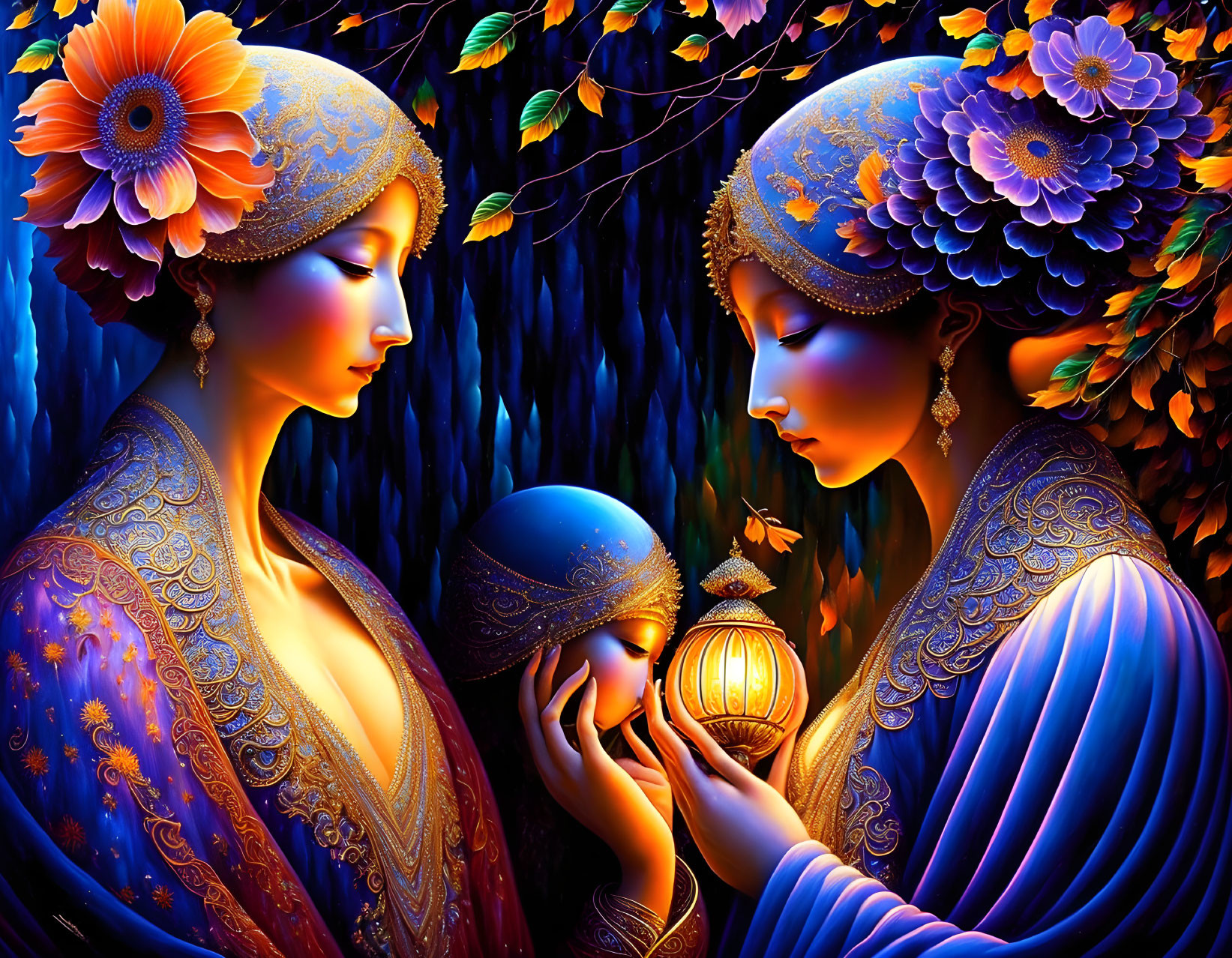 Vibrant artwork of two stylized women in ornate golden and blue garments with a glowing lantern