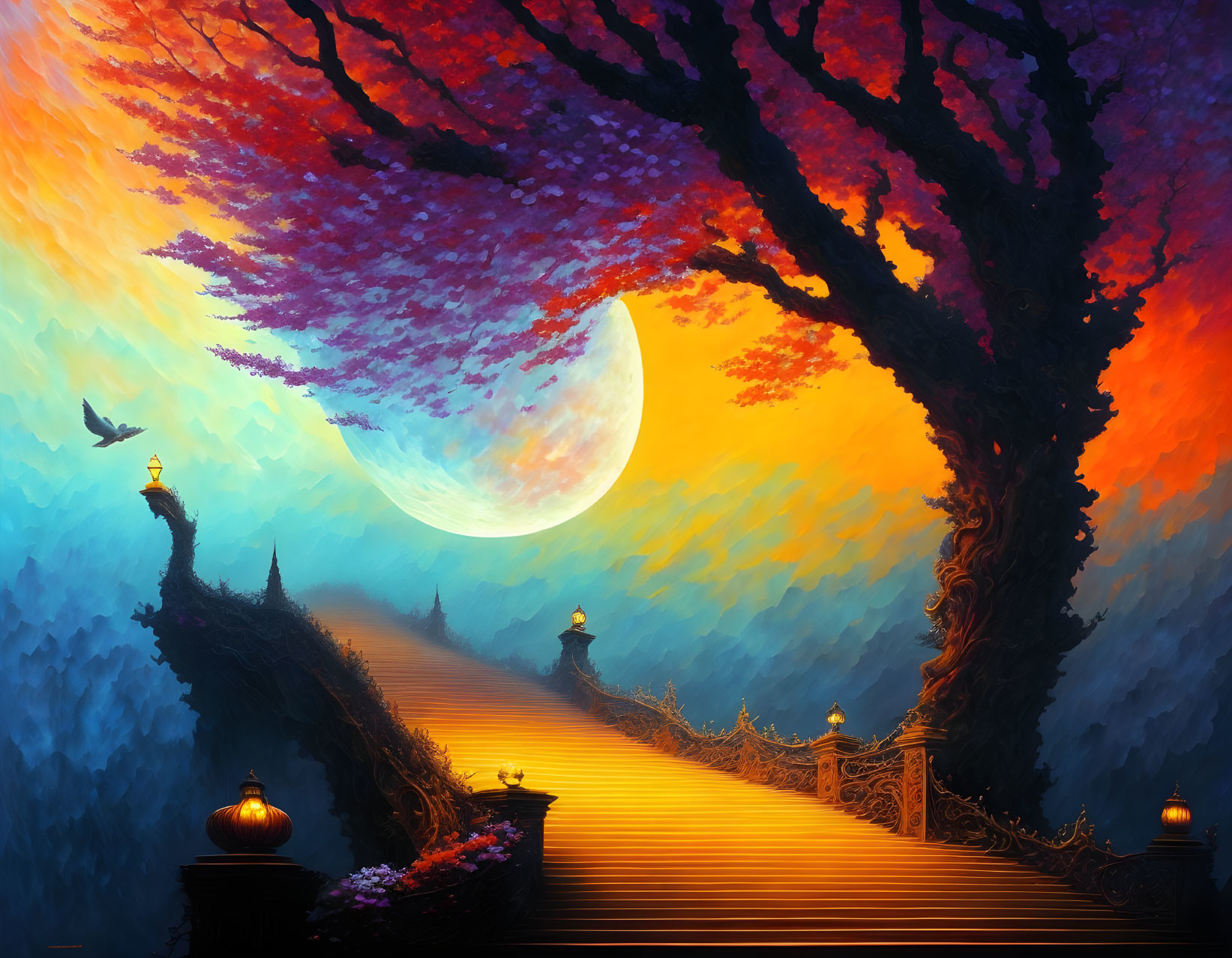 Surreal landscape artwork with crescent moon, colorful trees, figure, and birds