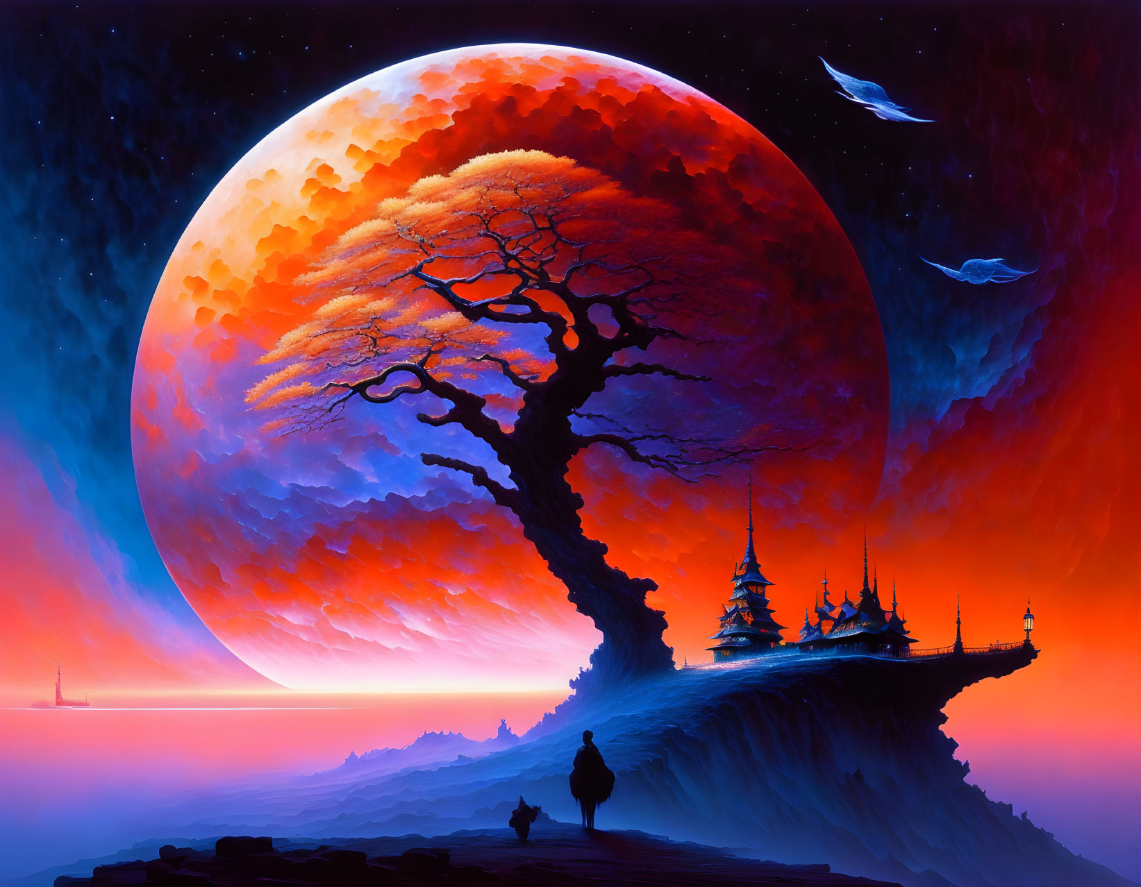 Fantasy landscape with colossal tree, moon, temples, creatures, and figure.