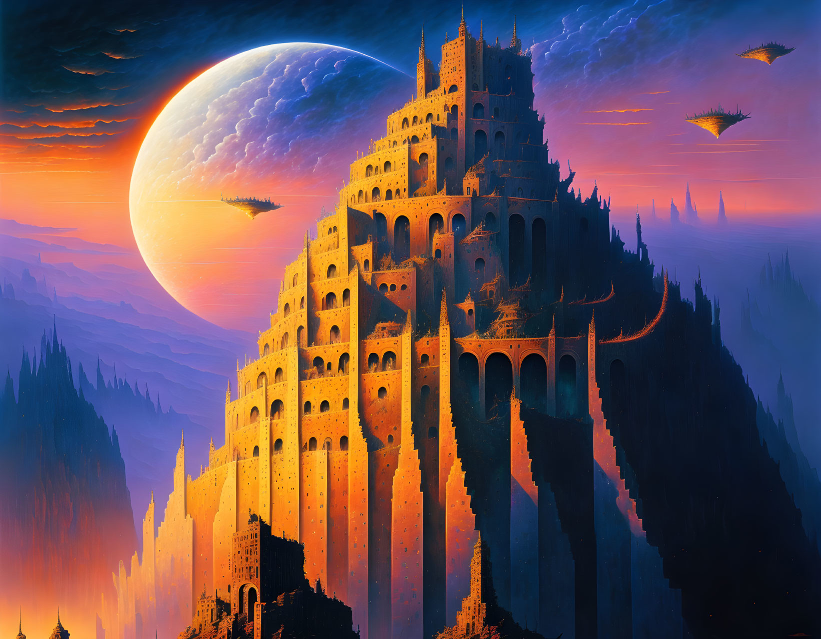 Fantastical landscape with towering castle, large moon, mountains, and flying objects