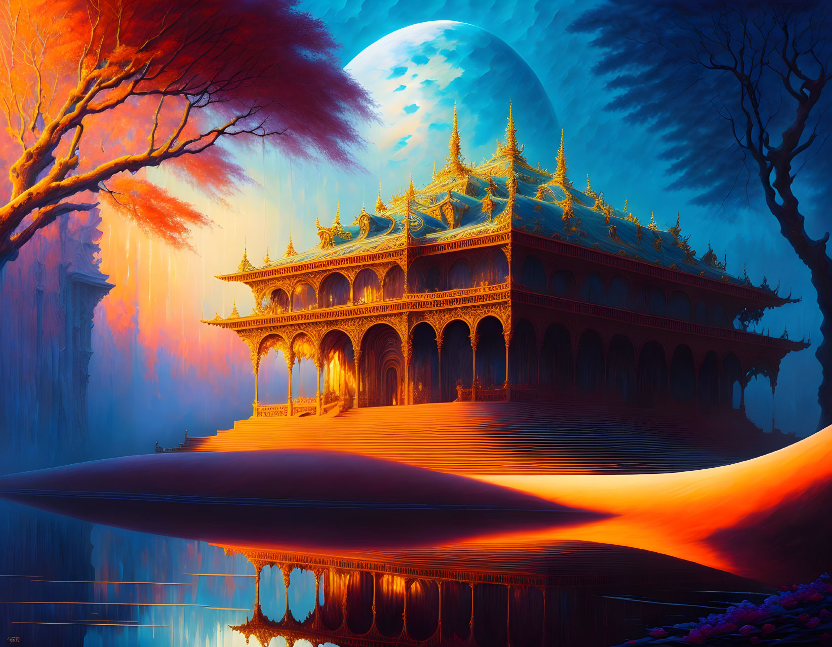 Colorful Asian-style palace by reflective lake under large moon and fiery red trees