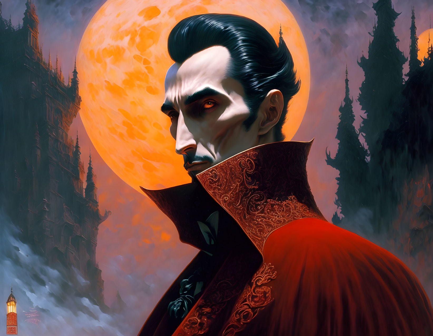 Gothic vampire illustration with red collar cape against full moon and castle