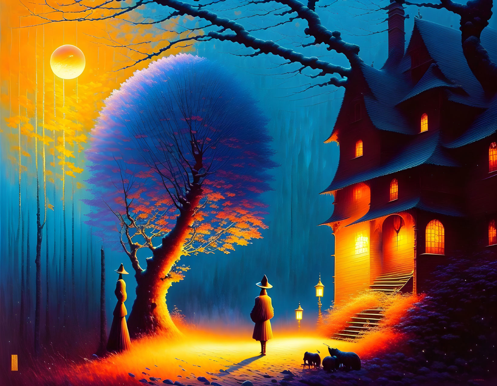 Digital art: Person with dog near glowing house under blue tree and moon