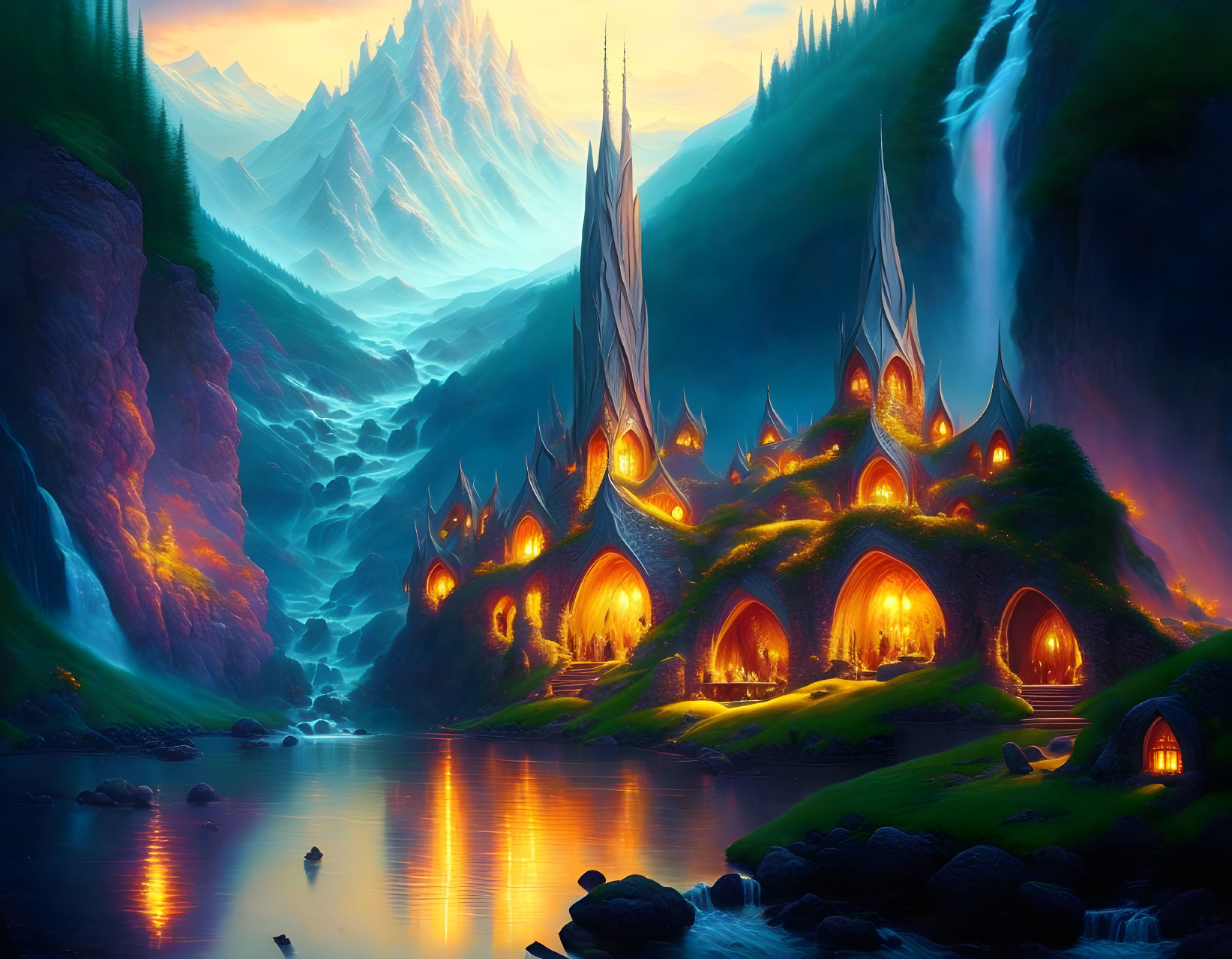 Enchanting fantasy landscape with glowing hillside houses and cascading waterfalls