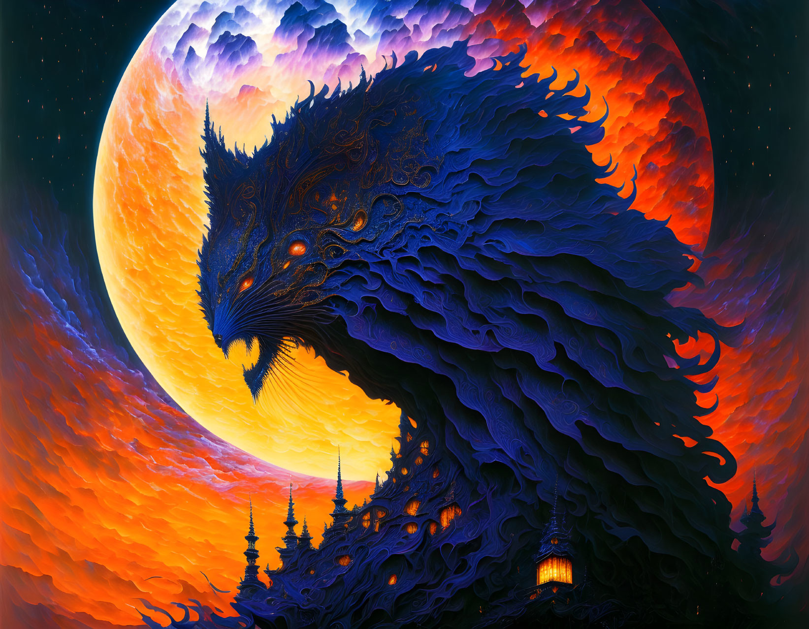 Fantastical dragon in fiery landscape under full moon