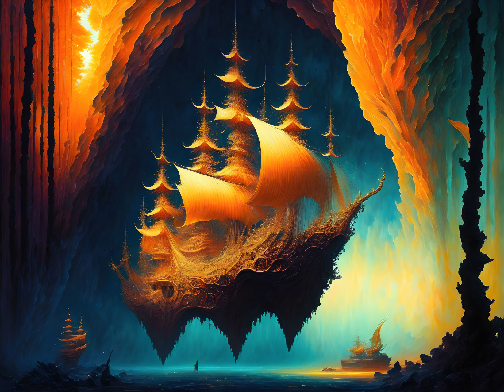 Fantasy artwork: Giant ship in cavernous space with fiery orange and cool blue luminescent walls