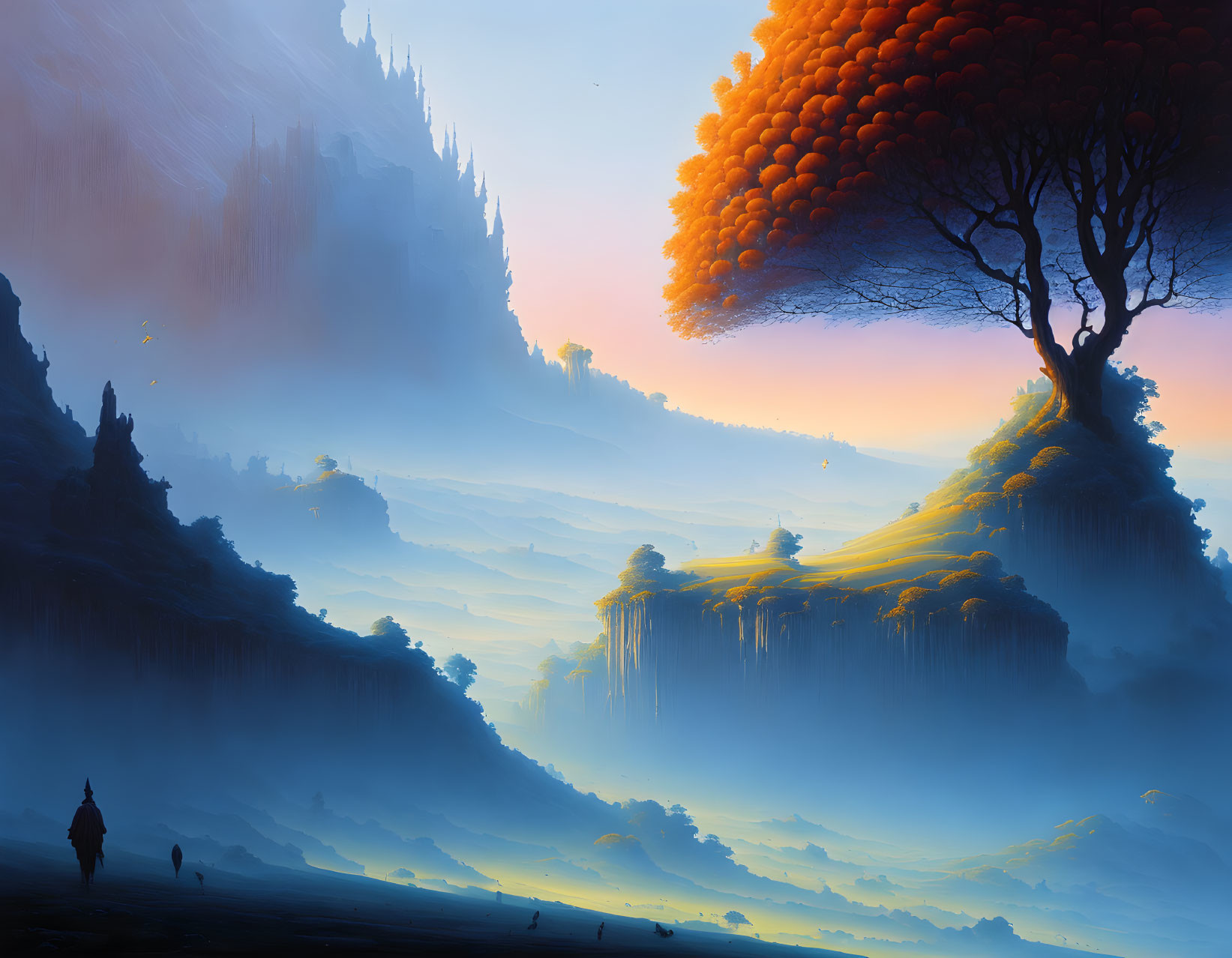 Fantastical Dawn Landscape with Silhouettes and Floating Islands